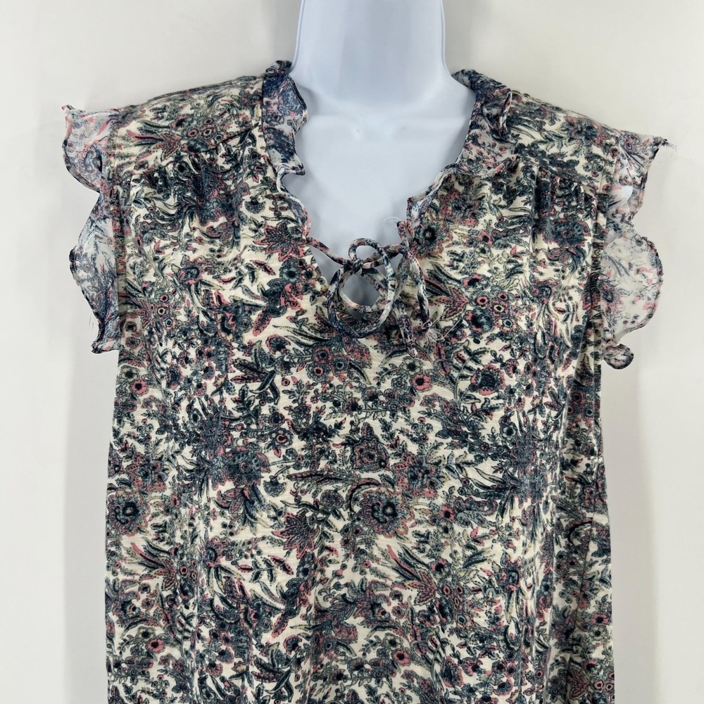 Lucky Brand Boho Peasant Top M Blue Pink Floral Paisley Ruffle Sleeve Blouse - Picture 7 of 8